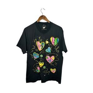 Vtg‎ 80s MarJac puffy paint splatter neon graphic t-shirt hearts One size L